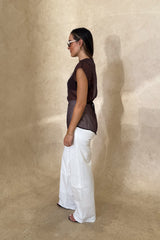Jaz Hand Organza Sheer Top Chocolate by Sneaky Link – an asymmetrical sheer top with tie back. Perfect for elevated styling.
