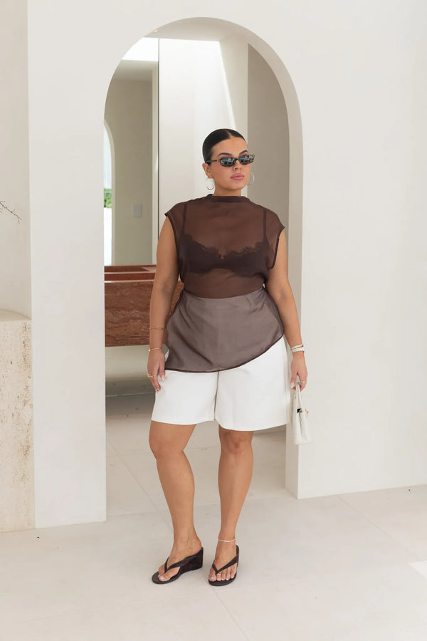 Jaz Hand Organza Sheer Top Chocolate by Sneaky Link – an asymmetrical sheer top with tie back. Perfect for elevated styling.