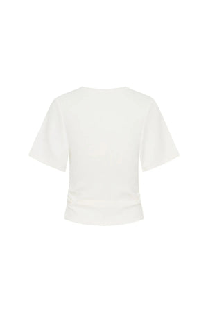 Jaz Hand Ruched Tee in White by Sneaky Link, featuring short sleeves, ruched waist detail, and sculpted fit for elevated everyday style.
