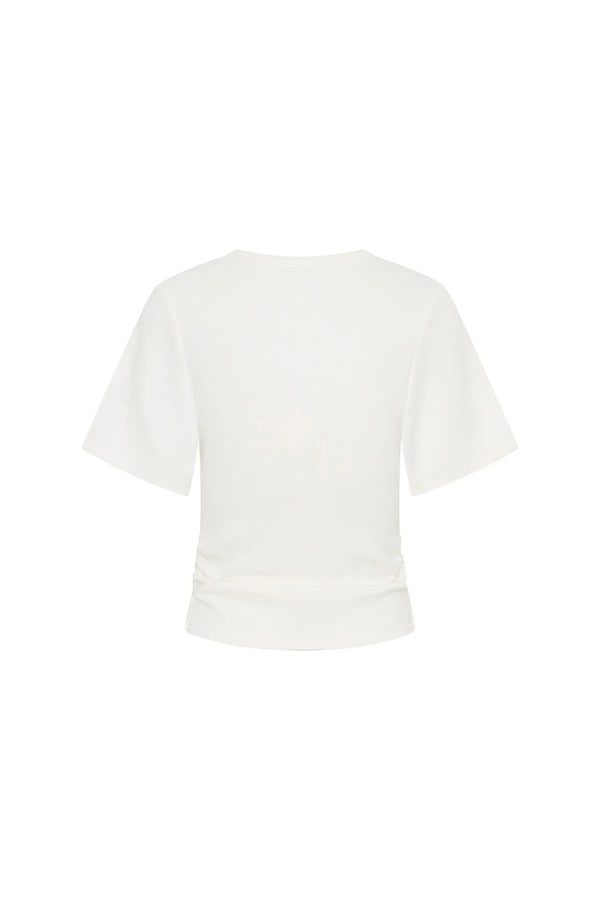 Jaz Hand Ruched Tee in White by Sneaky Link, featuring short sleeves, ruched waist detail, and sculpted fit for elevated everyday style.