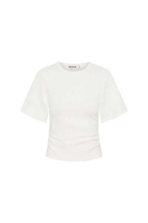 Jaz Hand Ruched Tee in White by Sneaky Link, featuring short sleeves, ruched waist detail, and sculpted fit for elevated everyday style.
