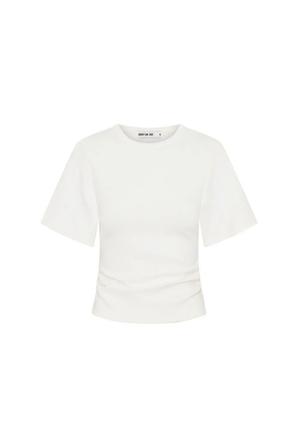 Jaz Hand Ruched Tee in White by Sneaky Link, featuring short sleeves, ruched waist detail, and sculpted fit for elevated everyday style.