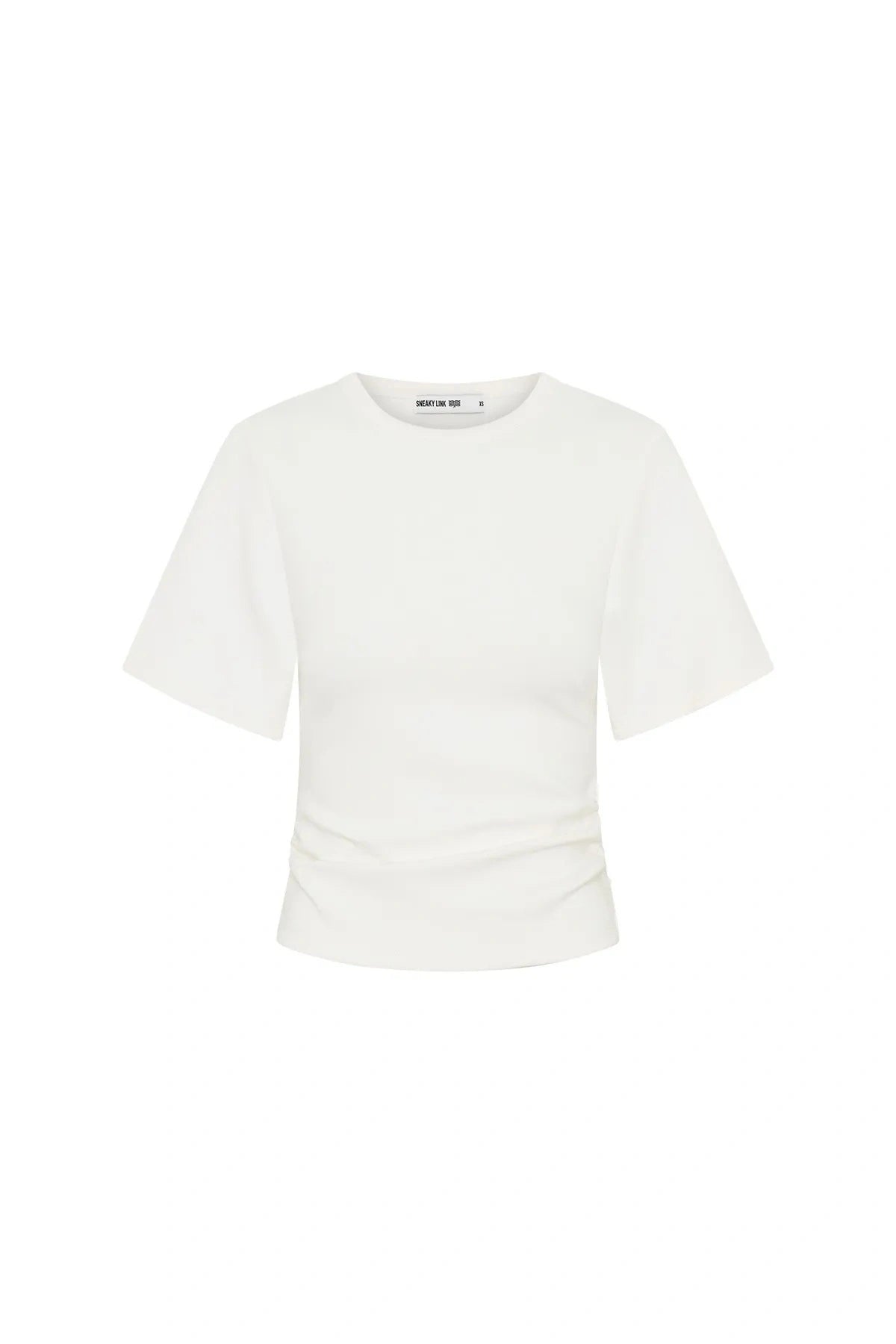 Jaz Hand Ruched Tee in White by Sneaky Link, featuring short sleeves, ruched waist detail, and sculpted fit for elevated everyday style.