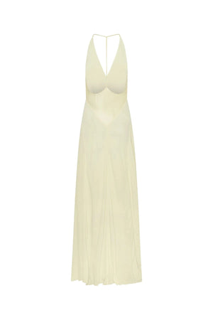 Jaz Hand V-Neck Maxi Dress in Butter by Sneaky Link, a flowing one-shoulder silhouette in soft yellow. Perfect for summer events or weddings.
