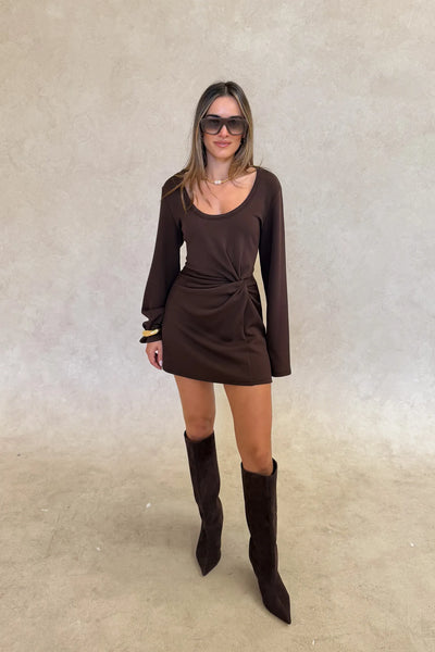 Jaz Long Sleeve Knot Mini Dress in Chocolate with a soft front knot, sculpted waist, and gentle ruching that creates a smooth, body hugging silhouette in a rich, elevated finish.