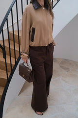 Jaz Mid Rise Relaxed Suit Pant in Chocolate with a mid rise waist and straight leg fit, creating a relaxed, fluid silhouette with a soft, tailored finish.