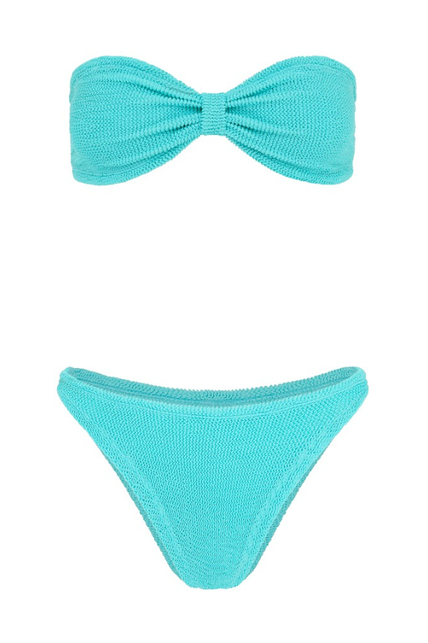 Jean Bikini in Aqua by Hunza G, crinkle bikini with bandeau top and classic briefs. Perfect for beach days or effortless swim looks.