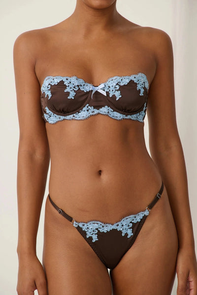 Jean Thong Espresso by Kat the Label – satin thong with blue lace trim and adjustable waistband.