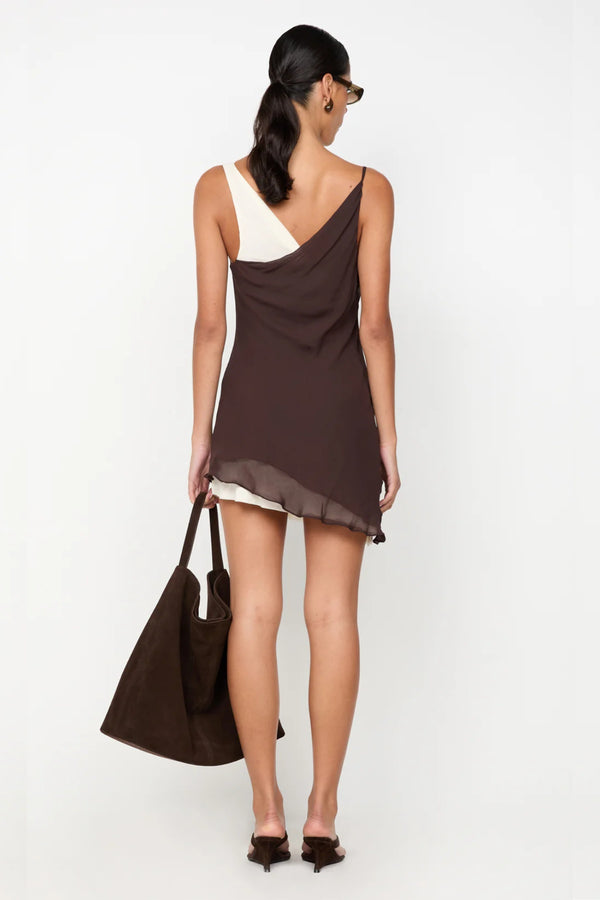 Jehnaya Asym Mini Dress by Bec + Bridge, an asymmetric dual-tone mini with cowl neckline, knotted shoulder, and mesh contrast for modern allure.