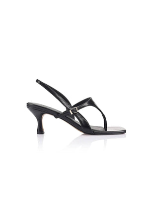 Jemima Sandal in Black Leather by Lana Wilkinson, a slingback thong heel with square toe and 6.5cm heel height.