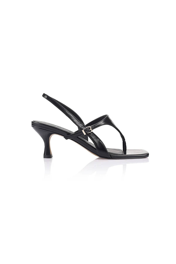 Jemima Sandal in Black Leather by Lana Wilkinson, a slingback thong heel with square toe and 6.5cm heel height.