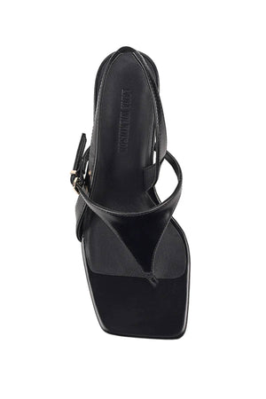 Jemima Sandal in Black Leather by Lana Wilkinson, a slingback thong heel with square toe and 6.5cm heel height.