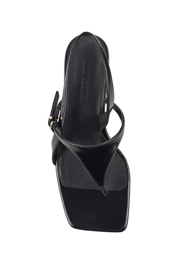 Jemima Sandal in Black Leather by Lana Wilkinson, a slingback thong heel with square toe and 6.5cm heel height.