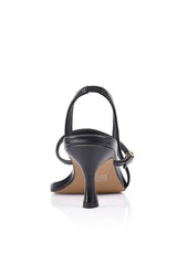 Jemima Sandal in Black Leather by Lana Wilkinson, a slingback thong heel with square toe and 6.5cm heel height.