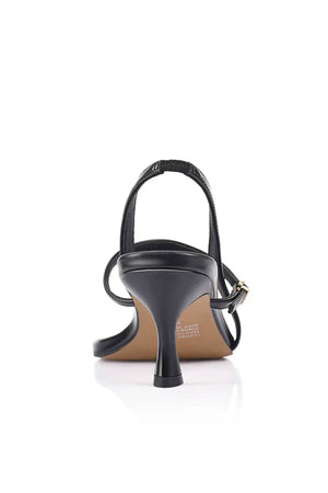 Jemima Sandal in Black Leather by Lana Wilkinson, a slingback thong heel with square toe and 6.5cm heel height.