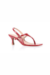 Jemima Sandal in Red Leather by Lana Wilkinson, a slingback thong heel with square toe and 6.5cm heel height.