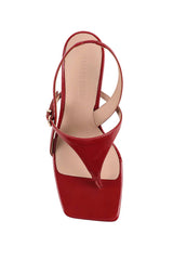 Jemima Sandal in Red Leather by Lana Wilkinson, a slingback thong heel with square toe and 6.5cm heel height.