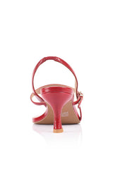 Jemima Sandal in Red Leather by Lana Wilkinson, a slingback thong heel with square toe and 6.5cm heel height.