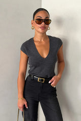 Jen V Neck Knit Cap Sleeve Top Grey by Sneaky Link, a soft wool knit with V neckline and cap sleeves, perfect for elevated everyday or cooler days.