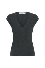 Jen V Neck Knit Cap Sleeve Top Grey by Sneaky Link, a soft wool knit with V neckline and cap sleeves, perfect for elevated everyday or cooler days.