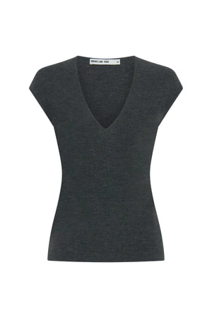 Jen V Neck Knit Cap Sleeve Top Grey by Sneaky Link, a soft wool knit with V neckline and cap sleeves, perfect for elevated everyday or cooler days.