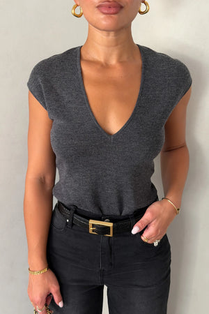 Jen V Neck Knit Cap Sleeve Top Grey by Sneaky Link, a soft wool knit with V neckline and cap sleeves, perfect for elevated everyday or cooler days.