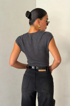 Jen V Neck Knit Cap Sleeve Top Grey by Sneaky Link, a soft wool knit with V neckline and cap sleeves, perfect for elevated everyday or cooler days.