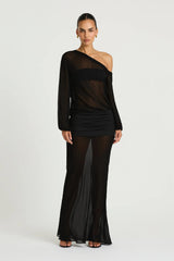Jessa Long Sleeve Maxi Dress in Black by Benni, a sheer chiffon off-shoulder maxi with bell sleeves and a ruched hip panel.