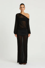 Jessa Long Sleeve Maxi Dress in Black by Benni, a sheer chiffon off-shoulder maxi with bell sleeves and a ruched hip panel.