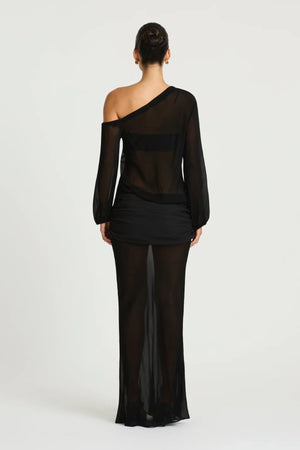 Jessa Long Sleeve Maxi Dress in Black by Benni, a sheer chiffon off-shoulder maxi with bell sleeves and a ruched hip panel.