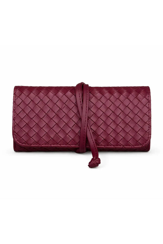 Jewellery Roll Plum by Avant Studio, cross-hatch faux leather with organized pouches. Perfect for stylish travel and gifting.
