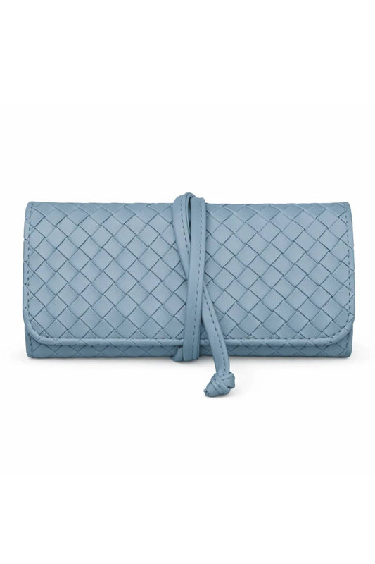 Jewellery Roll Powder Blue by Avant Studio, cross-hatch faux leather with organized pouches. Perfect for stylish travel and gifting.