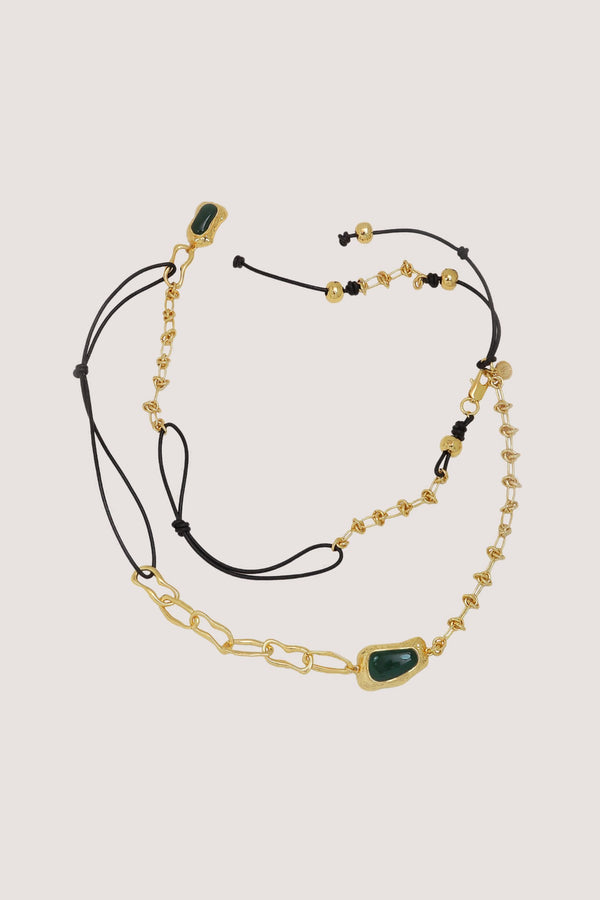 Jo Belt in Gold by Mountain & Moon, 18K gold plated chain belt with green aventurine stones and black leather cord.