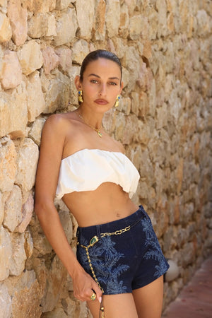 Jo Belt in Gold by Mountain & Moon, 18K gold plated chain belt with green aventurine stones and black leather cord.