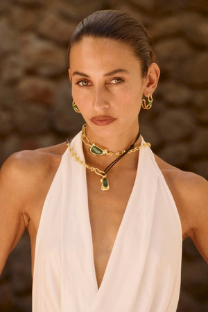 Jo Belt in Gold by Mountain & Moon, 18K gold plated chain belt with green aventurine stones and black leather cord.
