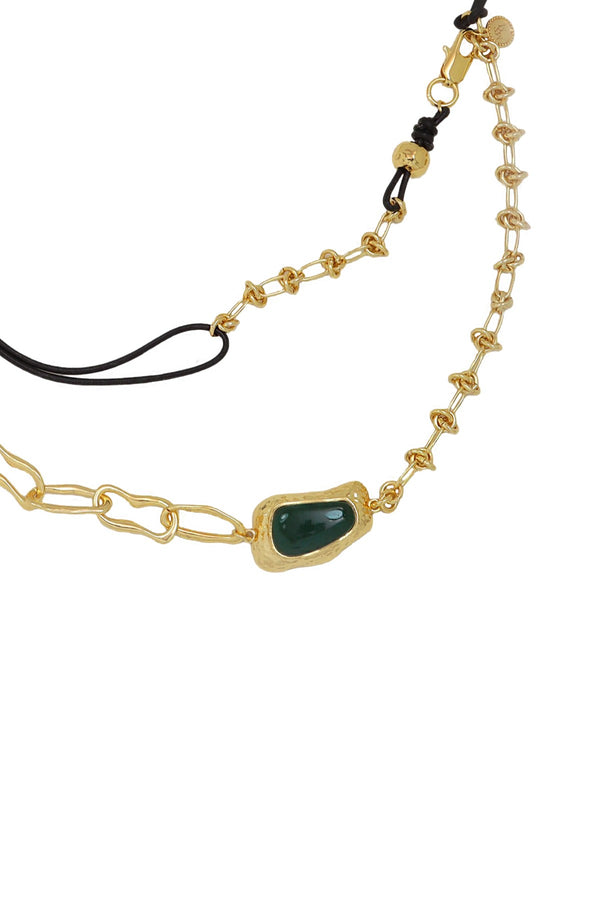 Jo Belt in Gold by Mountain & Moon, 18K gold plated chain belt with green aventurine stones and black leather cord.