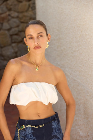 Jo Belt in Gold by Mountain & Moon, 18K gold plated chain belt with green aventurine stones and black leather cord.