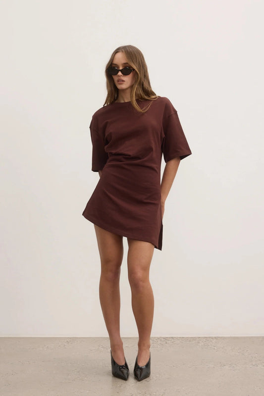 Joanna Dress in Ember by Bayse, soft cotton T-shirt dress with asymmetric hem and dropped shoulders for effortless everyday style.
