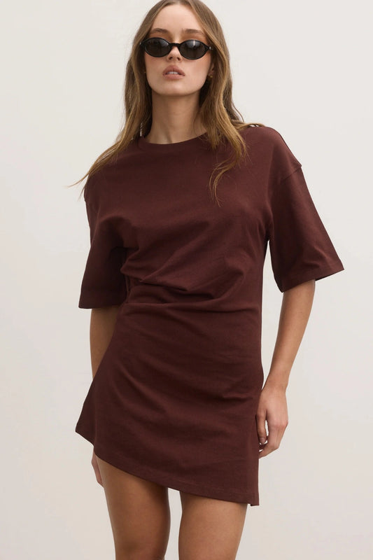 Joanna Dress in Ember by Bayse, soft cotton T-shirt dress with asymmetric hem and dropped shoulders for effortless everyday style.
