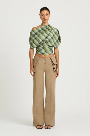 Jude Cargo Pant Taupe by Benni - low rise cargo pants with belt detail and utility pockets, designed for a structured modern silhouette.