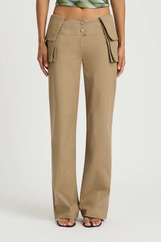 Jude Cargo Pant Taupe by Benni - low rise cargo pants with belt detail and utility pockets, designed for a structured modern silhouette.