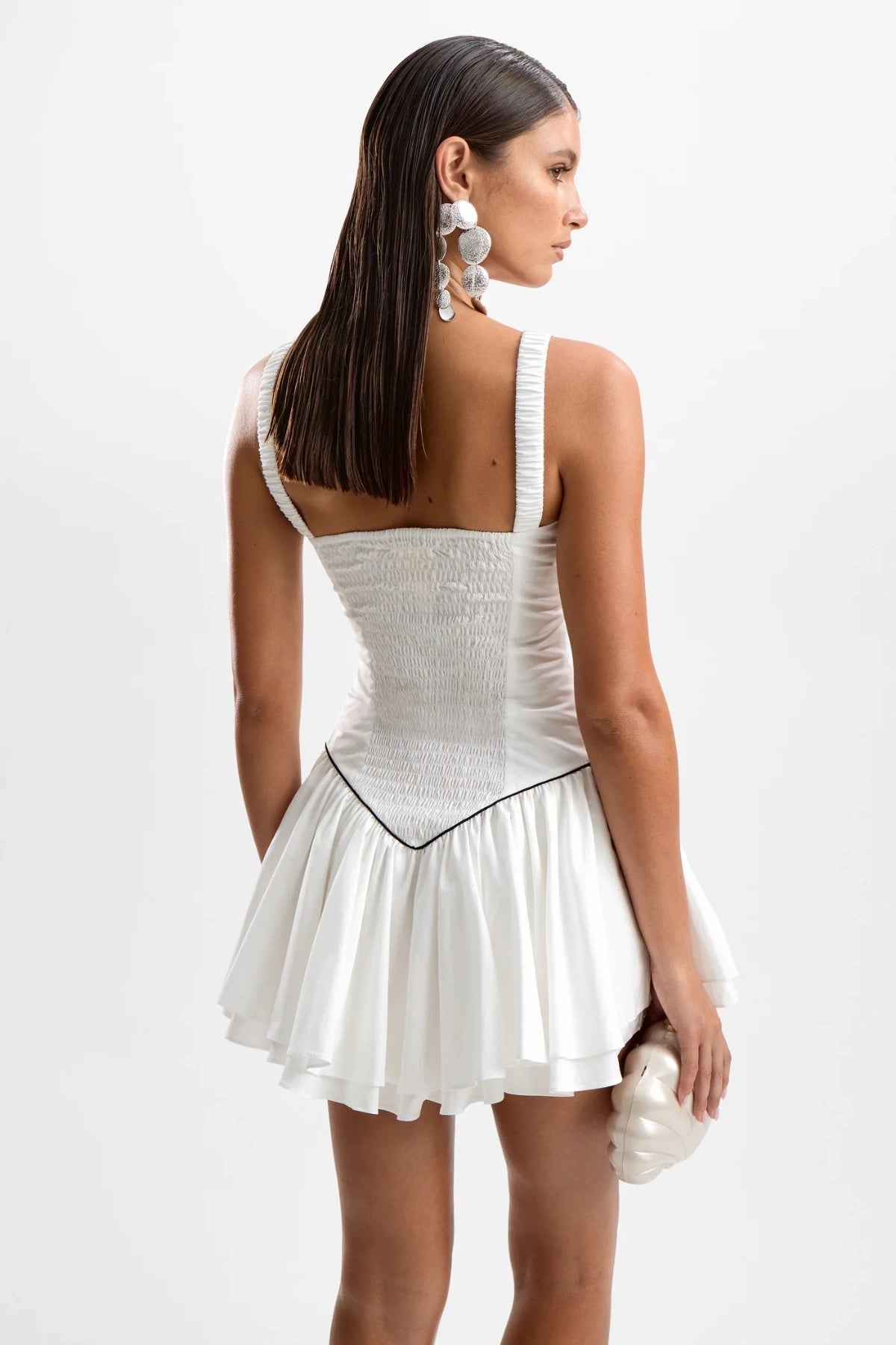 Juliette Mini Dress Pearl by Cin Cin – feminine white cotton mini with fitted bodice and layered tutu skirt, perfect for summer events.
