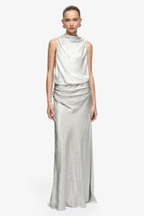 Juna Maxi Dress Silver by Bec + Bridge – crinkle satin maxi dress with funnel neckline, open sides and gathered waist.