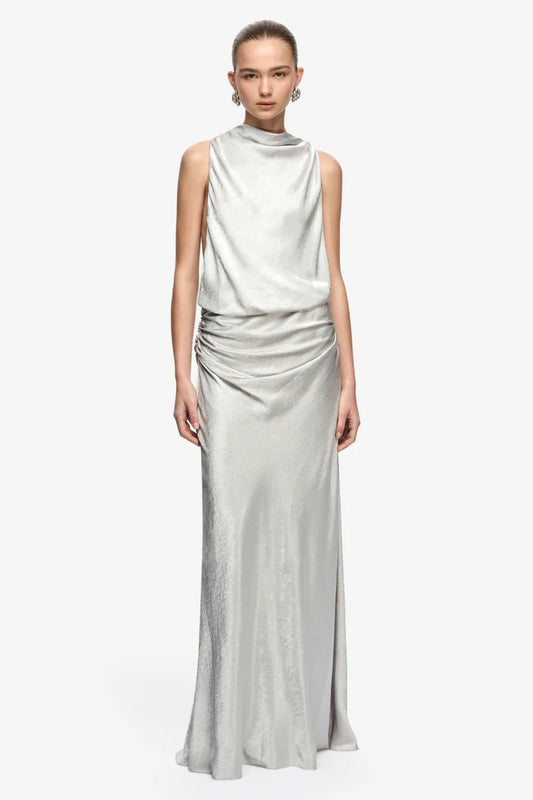 Juna Maxi Dress Silver by Bec + Bridge – crinkle satin maxi dress with funnel neckline, open sides and gathered waist.