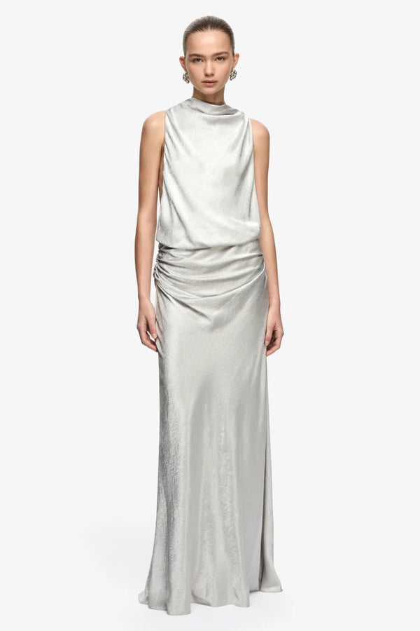 Juna Maxi Dress Silver by Bec + Bridge – crinkle satin maxi dress with funnel neckline, open sides and gathered waist.