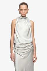 Juna Maxi Dress Silver by Bec + Bridge – crinkle satin maxi dress with funnel neckline, open sides and gathered waist.