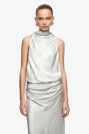 Juna Maxi Dress Silver by Bec + Bridge – crinkle satin maxi dress with funnel neckline, open sides and gathered waist.