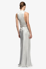 Juna Maxi Dress Silver by Bec + Bridge – crinkle satin maxi dress with funnel neckline, open sides and gathered waist.