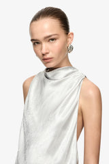 Juna Maxi Dress Silver by Bec + Bridge – crinkle satin maxi dress with funnel neckline, open sides and gathered waist.