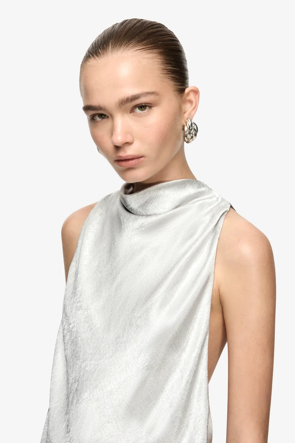 Juna Maxi Dress Silver by Bec + Bridge – crinkle satin maxi dress with funnel neckline, open sides and gathered waist.